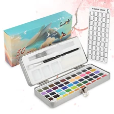 50 Colors Watercolor Pan Artist Set Art Painting Drawing +Water/Paint Draw Brush