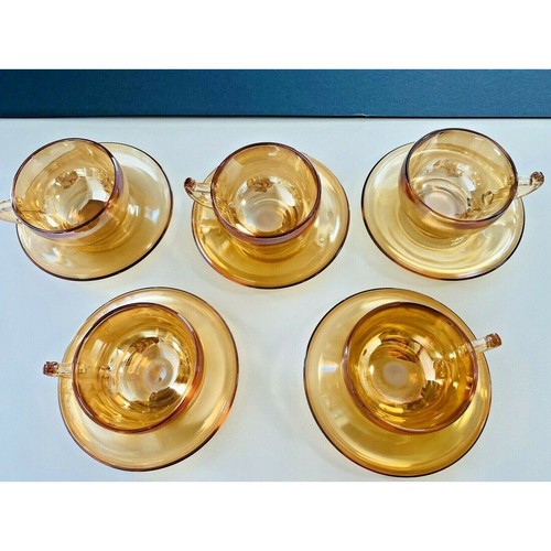 Vintage Jeanette Marigold Carnival Glass Iridescent Camellia 5 Teacups/Saucers - Picture 11 of 11