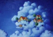 ORIGINAL Oil PAINTING Fantasy ART cozy houses on clouds FAIRY SURREALISM DREAM