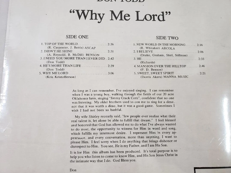 SEALED ~ DON TODD ~ WHY ME, LORD ~ MR-DT-497 ~ LP ~ NEW - Image 3 of 3