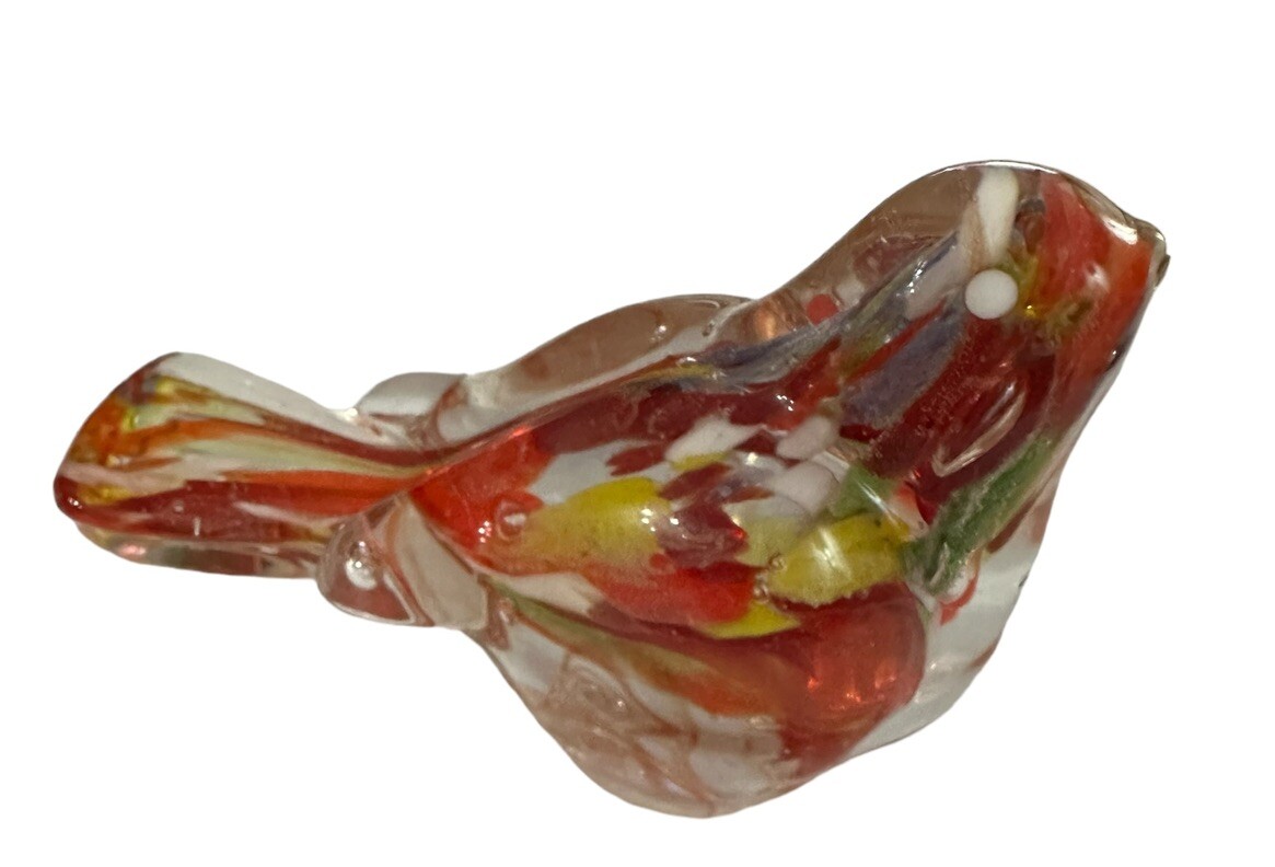ガラス製 鳥の置物 赤黄色 Vintage Art Glass Miniature Cardinal Bird Red Yellow Figurine made