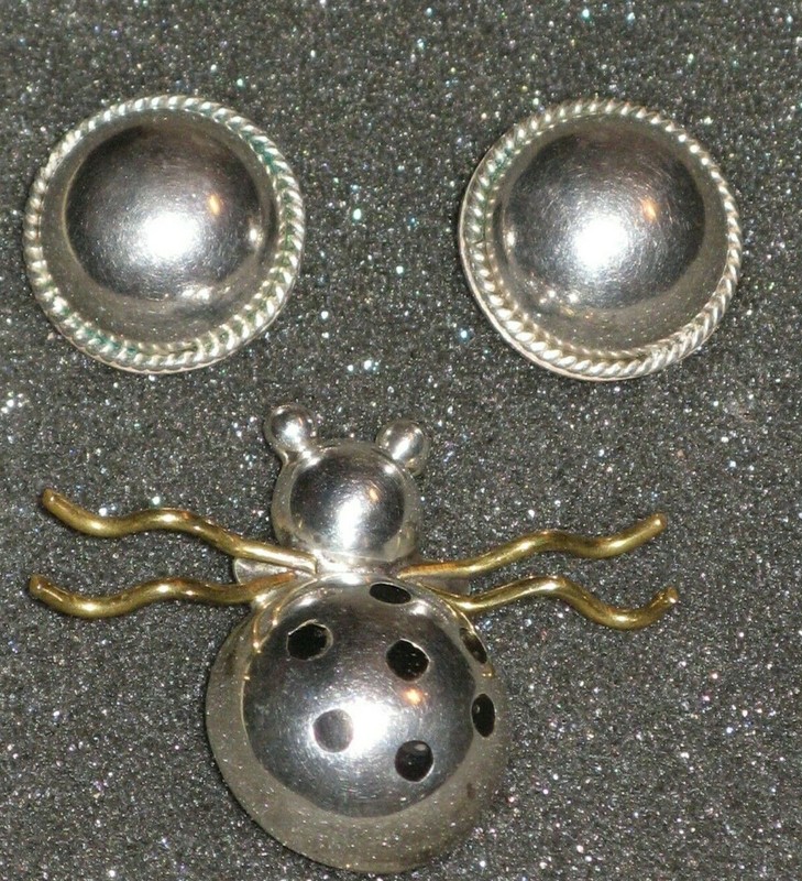 .925 Sterling Silver MEXICO - 1.5" SPIDER Brooch + 1" Round Earrings Tot:33 g.