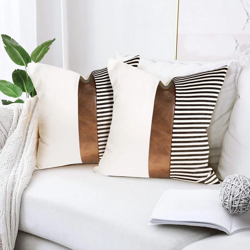 Decorative Throw Pillow Covers Stripe Patchwork Tan Faux Leather 18"x18" 2pcs - Image 2 of 3