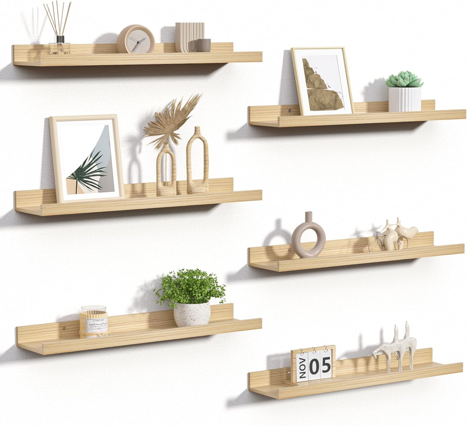 Set of 6 Natural Wood Floating Wall Shelves