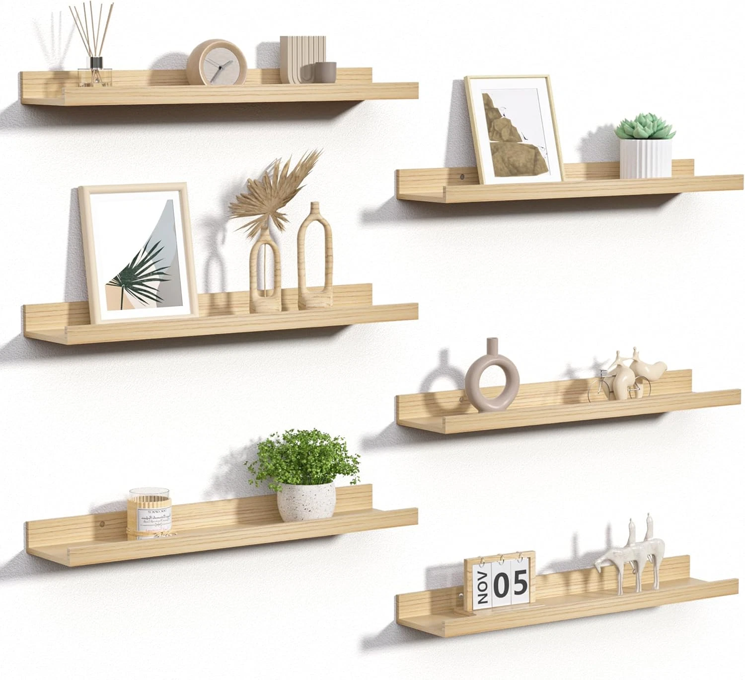 Set of 6 Floating Wall Shelves - 23.6 Inch Natural Wood for Home Decor