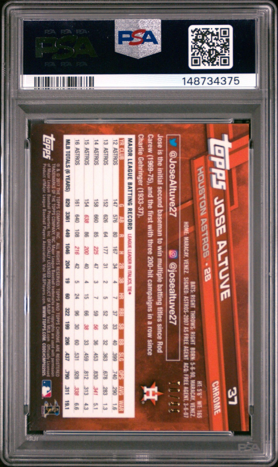 JOSE ALTUVE 2017 Topps Chrome Green Refractor #37 PSA 9 MINT view 2