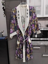 Chinese Dragon Robe Kimono Style Satin Embroidered Reversible Purple Black
