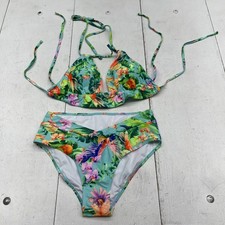 Tropical Parrot Floral Bikini Swimsuit Set Womens Medium Green High Waist Halter