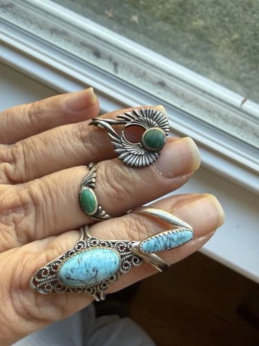 Vintage Native American Navajo Sterling Silver & Turquoise Rings And Pendant