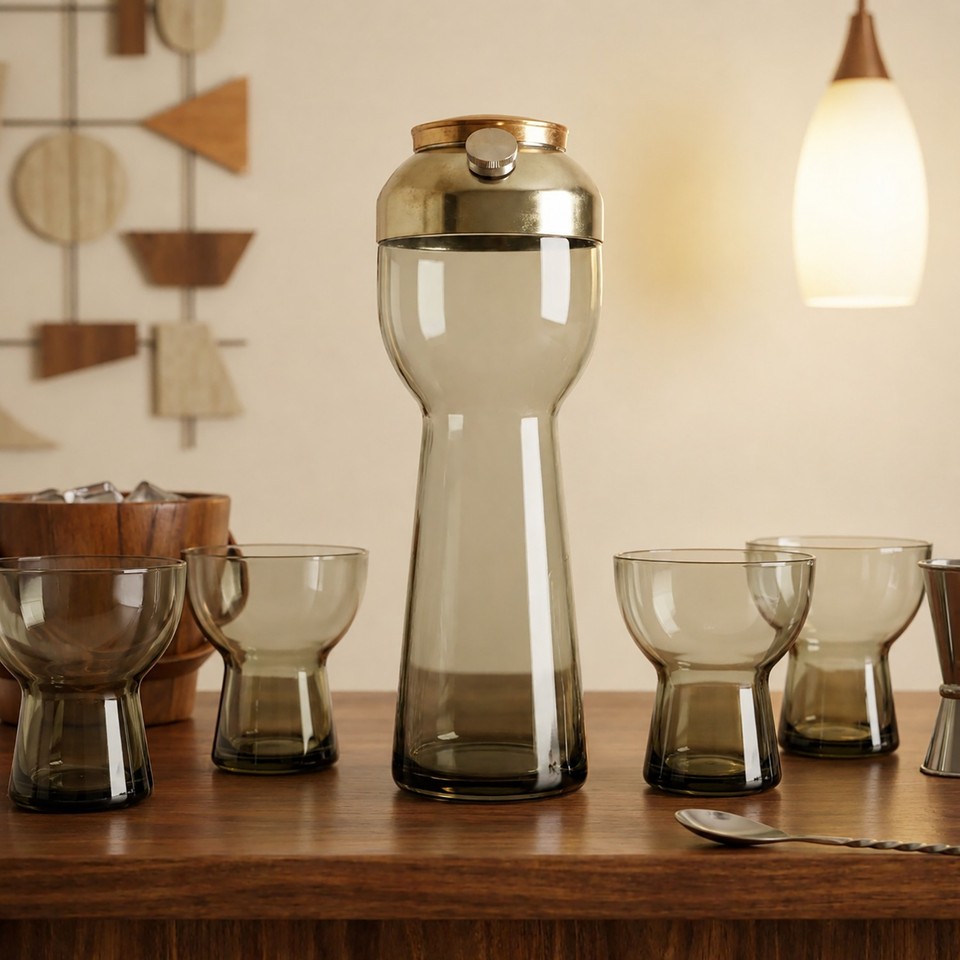 A mid-century Danish design icon — Per Lütken's smoked glass cocktail shaker for Holmegaard is a collector's grail that doubles as stunning barware sculpture.