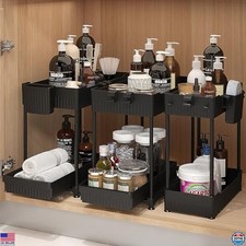 3 Pack Under Sink Organizers, 2-Tier Storage with Sliding Drawers, Black