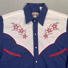 VTG Ely Cattleman Pearl Snap Shirt Mens M Blue Western Cowboy Stars Embroidered