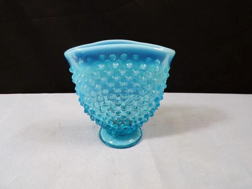 Fenton Blue Opalescent Glass Hobnail Small Fan Vase INV2