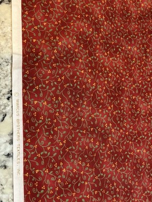 VTG Barn Red Mottled Green Vine  ️Marcus Fabrics Textiles  1Yd  Cotton PREWASHED