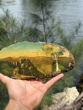 VTG Live Edge Wood Art with Mountain and Lake landscape - USA made