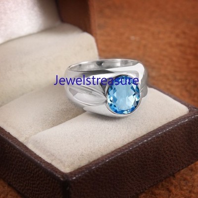 Natural Blue topaz Gemstone with 925 Sterling silver Ring for Men's #6033