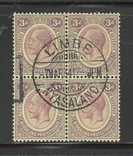 Nyasaland 1921 3d KGV, Scott 29, VF Used Bock of 4, Limbe Cancel