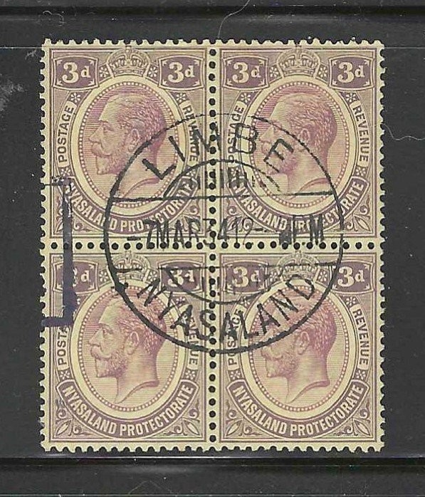 Nyasaland 1921 3d KGV, Scott 29, VF Used Bock of 4, Limbe Cancel