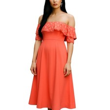 ASOS Bardot Dress Women 14 Coral Embellished Sleeveless Ruffle Off Shoulder Midi