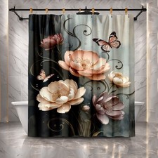 Gray Pink Floral Butterfly Botanical Shower Curtain Set 72x72 Bathroom Decor