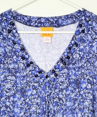 Ruby Rd XL Blue Abstract Print Embellished V Neck Tunic Top Long Sleeve Stretch