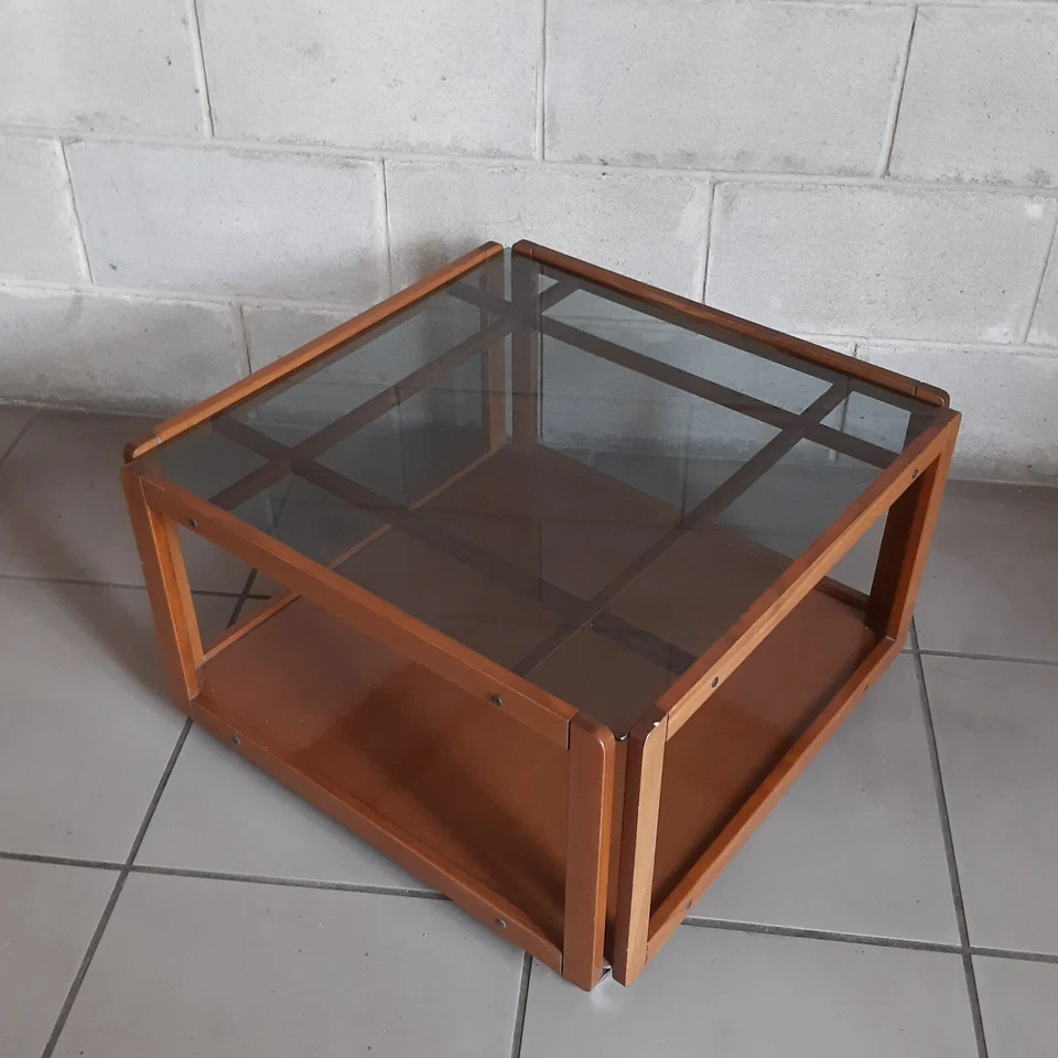 Table Basse Carrée En Bois Et Verre Design Busnelli Modernisme 1970 - Photo 4/4