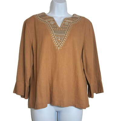 Christopher & Banks Women's M Brown Tunic Top, Linen Blend, Embroidery  - EUC