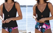 Beachsissi Tankini, Black top w/multi color floral print, Size M, Brand New