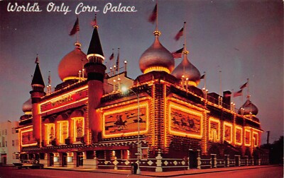 Corn Palace Mitchell SD South Dakota Night Twilight Main Street Vtg Postcard A3