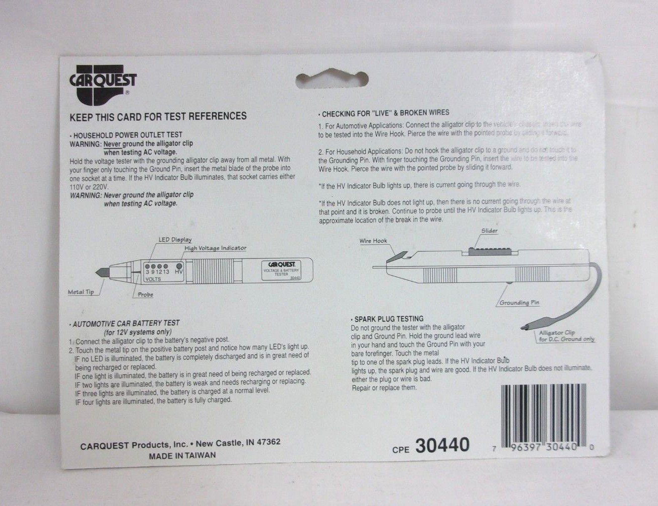 Carquest Voltage & Battery Tester Automotive & Household Use 30440