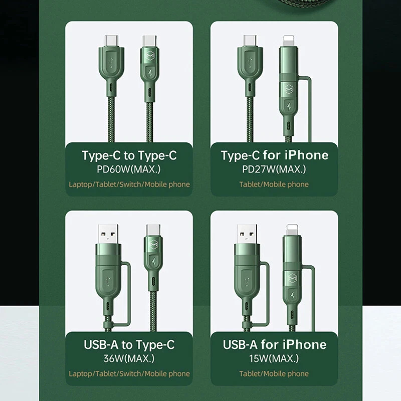 Mcdodo 4 in 1 Multi USB Charger Cable for iPhone USB C 60W PD 3A Charging 1.2m - Image 3 of 4