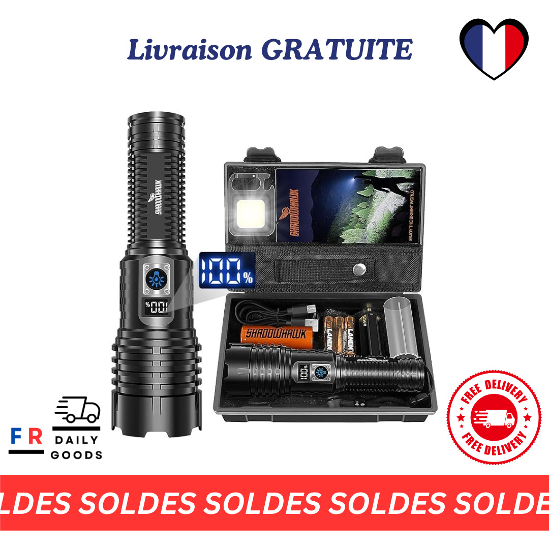Lampe torche LED ultra puissante rechargeable USB noire pour camping