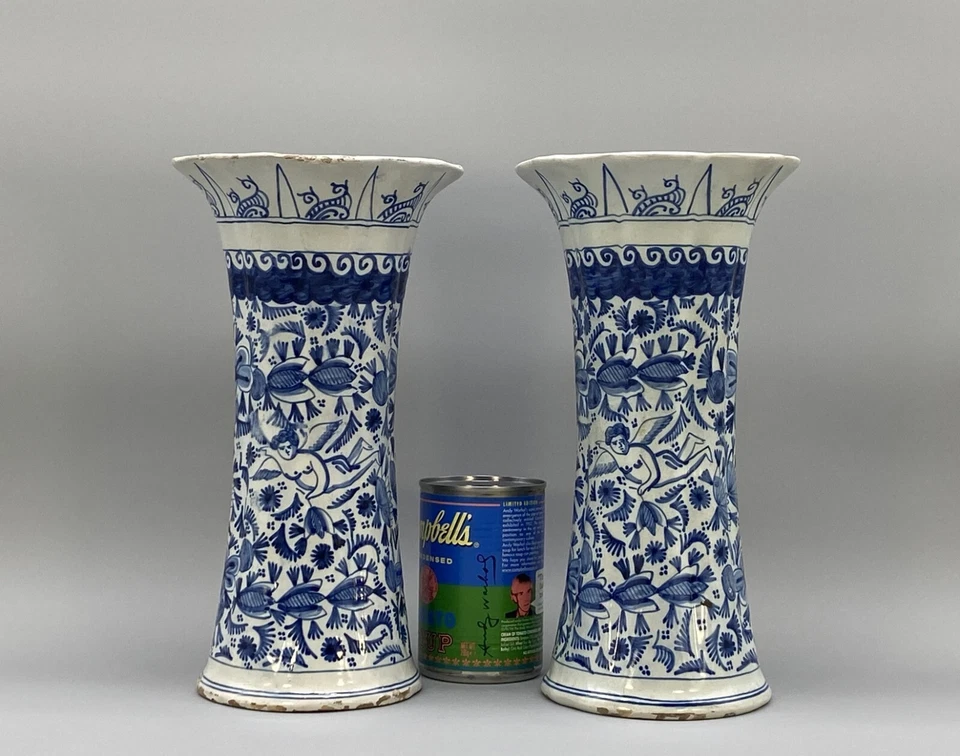 LARGE PAIR ANTIQUE CHINOISERIE BLUE AND WHITE DUTCH DELFT RIBBED BEAKER VASES - Image 2 of 4