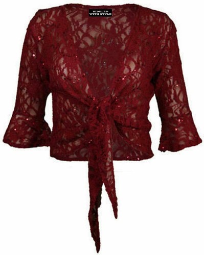 Womens Ladies Plussize Floral Lace Sequin 3/4sleeve Tie Up Shrug Bolero Tops - Picture 16 of 16