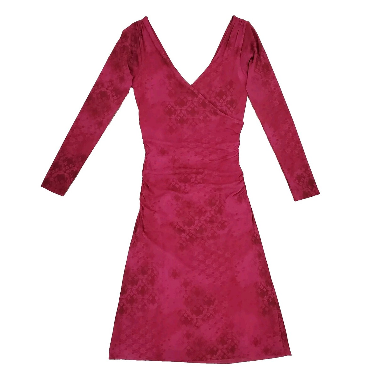 Weston Wear Ruched Surplice Dress S Sheer Longsleeve Printed Pink Burgundy Y2K Weston Wear Ruched Surplice Dress S Sheer Longsleeve Printed Pink Burgundy Y2K