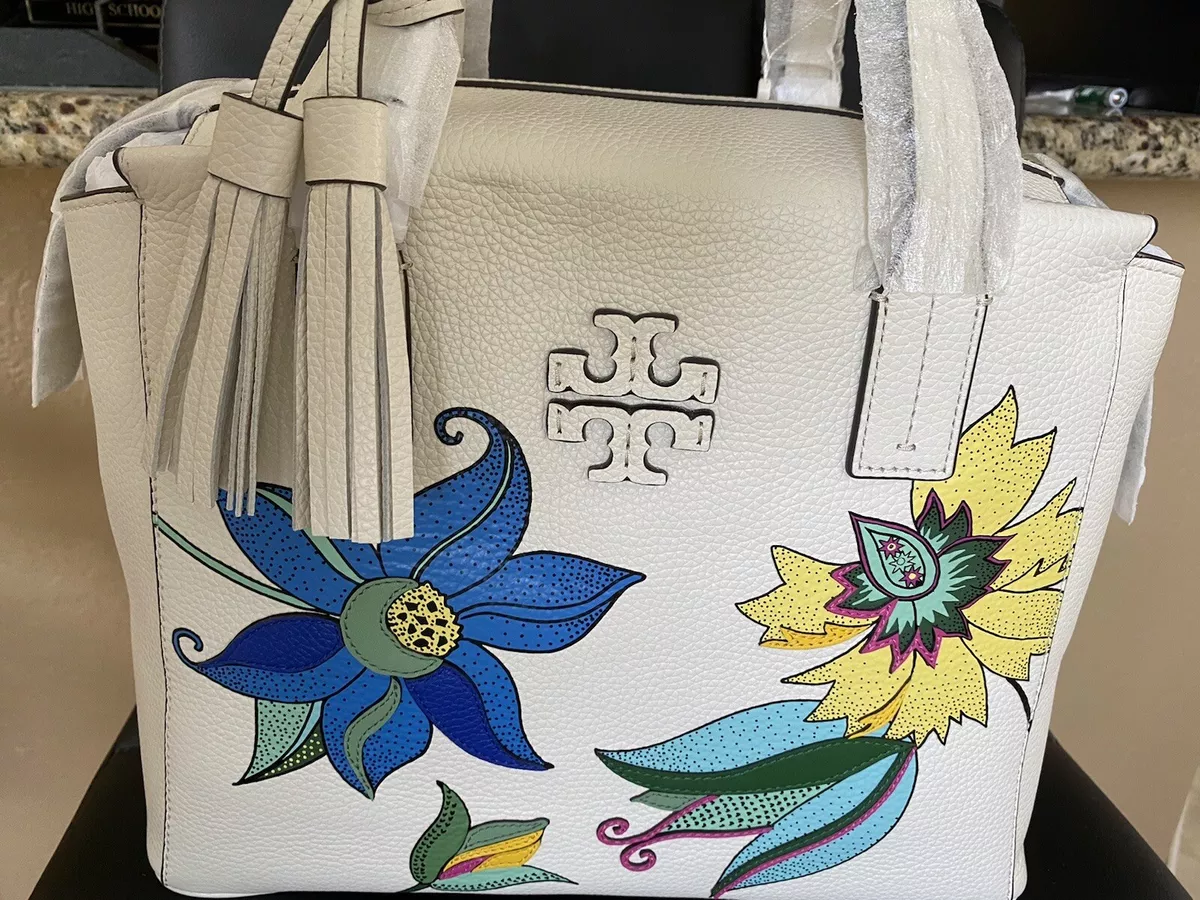 Tory Burch Leather Thea Floral Applique Slouchy Satchel Ivory