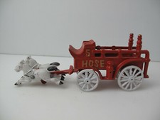 Vtg Cast Iron 2 White Horse Drawn 5 Hose Fire Wagon Carriage