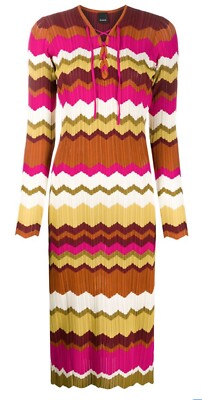 PINKO Chevron Fitted Zig-zag Knit Print Dress Multicolor Dress Bodycon V Neck XS