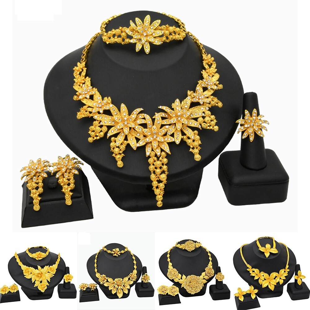 Élégant ensemble de bijoux plaqués or 24 carats avec feuilles de cristal parf