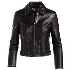 Women's Black Moto Style Genuine Lambskin Leather New Motorcycle Studded Jacket