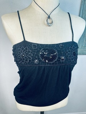 Black Whimsygoth Spaghetti Strap Sequin Embellished Y2K Crochet Tank Small MKM