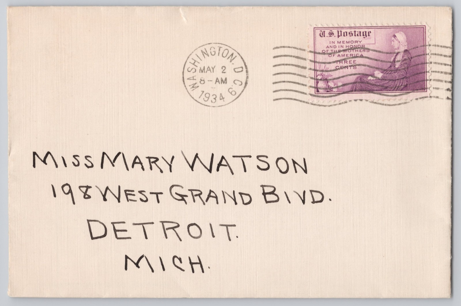 Detroit, Michigan — Cover to Miss Mary Watson, 198 West Grand Blvd, — 1934