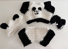 Handmade Doll Crochet Panda Set Hat Shorts Top Hat Booties Black White