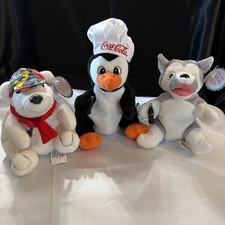 Vintage 1990s Coca Cola Bear Husky Penguin Collectible Bean Bag Plush Set