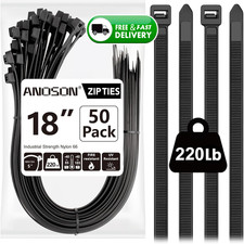Heavy Duty Zip Ties 18 Inch 220lb Strength Large Black Cable Ties 50 Pack Nylons
