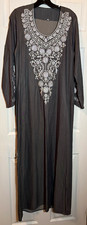 Handmade Women  s Black Kaftan Dress Silver Embroidery Long Sleeve One Size