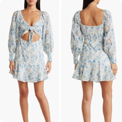 En Saison Claire Floral Blue Eyelet Open Front Long Sleeve Mini Dress Sz Medium