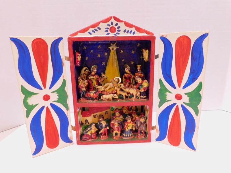 Vintage Folk Art Retablo Nativity Peru 26 Figures Two Levels Peruvian Hand Made
