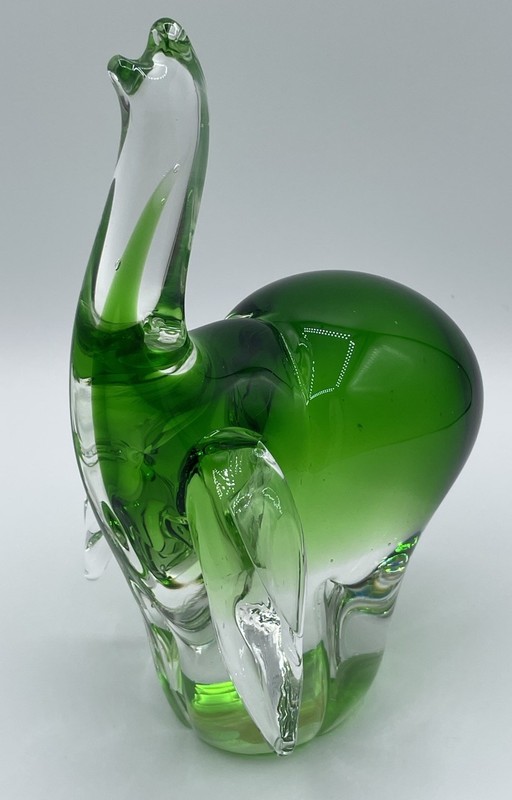 Murano Style Art Glass Elephant In Emerald Green and Clear