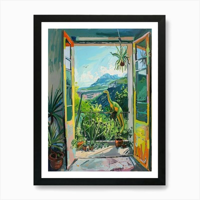 Dinosaurier & der Balkon Gemälde 2 A gerahmtes Wandbild Poster Leinwanddruck Bild
